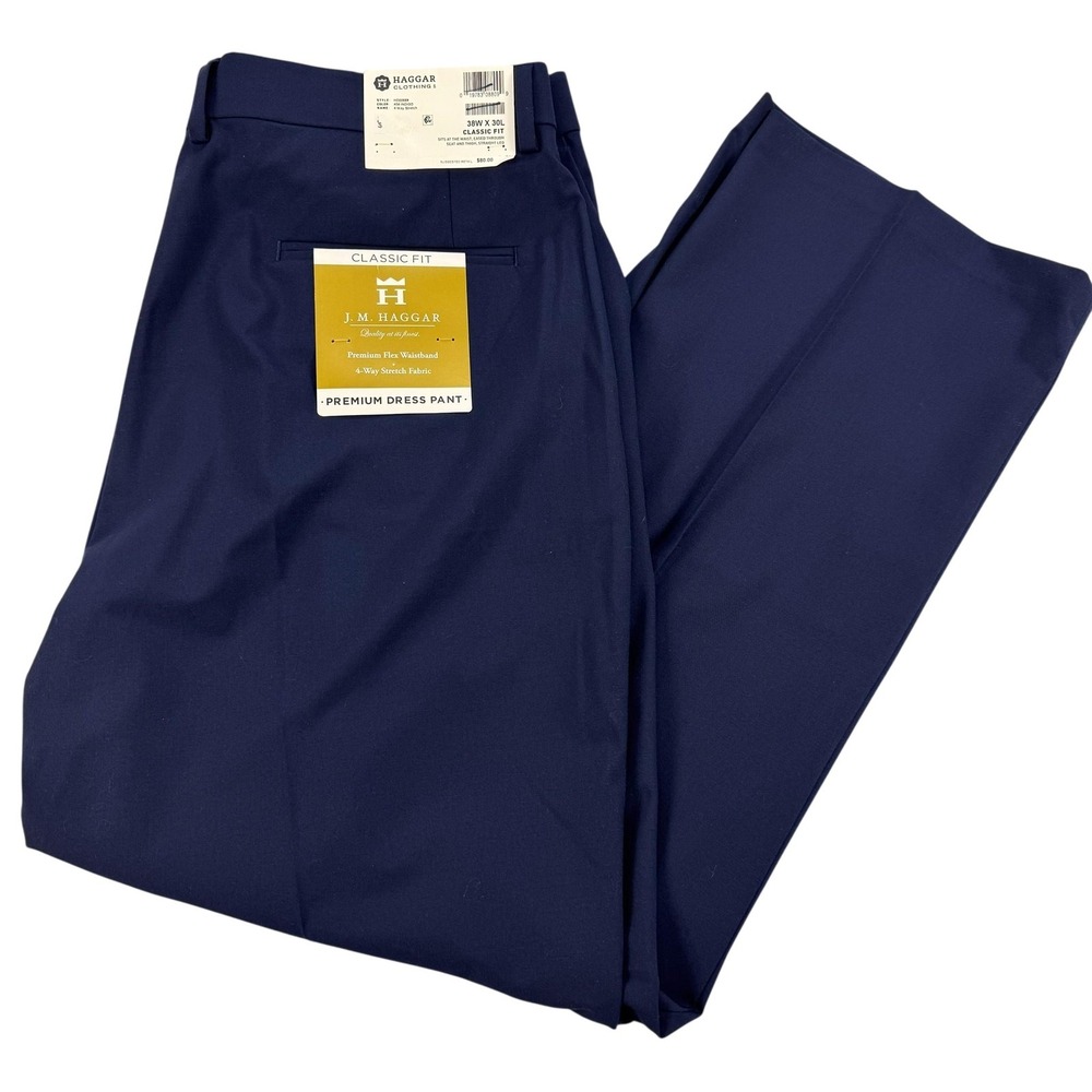 JM Haggar Dress Pants Mens 38x30 Blue Classic Fit Flex Waist Stretch NEW $80